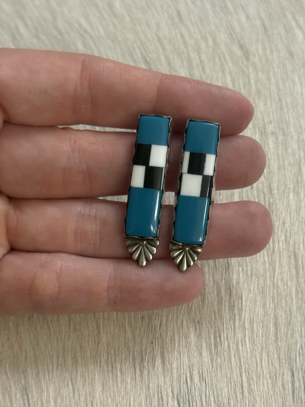 Sterling Silver Blue Turquoise Checkerboard Handmade Post Earrings Spotted Horse